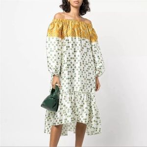 NEW NWT Silvia Tcherassi Tavira Silk Off The Shoulder Midi Dress Honey Green Dot